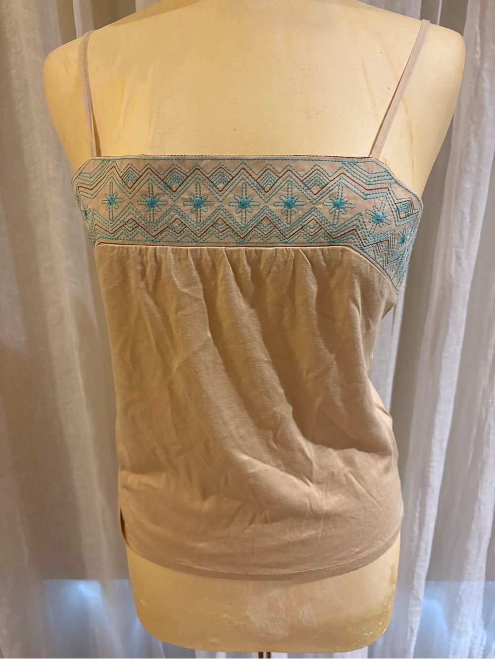 Beige Embroidered Spaghetti Strap Camisole with Turquoise Detail